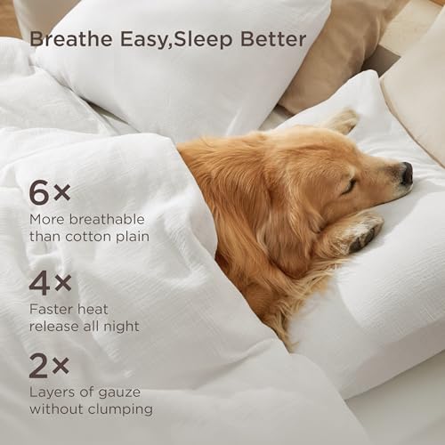 Image of Bedsure Muslin Duvet Cover King Size - Cotton Blend Viscose Derived from Bamboo, Cooling Duvet Cover for Hot Sleepers, PureWoven Ultra-Soft & Breathable Bedding Set for All Seasons (White, 104 inchx90 inch)