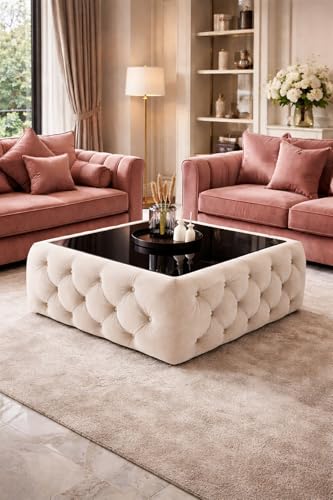 Image of Premium Tufted Upholstered Coffee Table with Black Mica Top - Modern Square Ottoman Center Table, Soft Velvet Finish, Luxury Living Room Furniture (30 x 30 x 18 Inch, Beige)