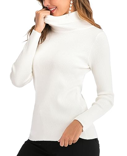 Yukiuiny Pull Femme Col Roulé Tricot Hiver Chaud Thermal Ajusté Moderne Serré Col Montant sous-Pull Basique Pullover Laine Top Haut Manches Longues Vintage Chic Confortable Blanc B L