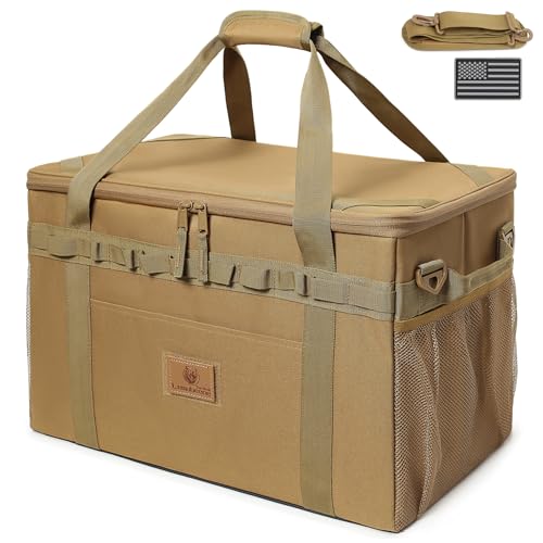 Lemubeane Tactical Camping Storage Bag Utility Tote Bag Camp Kitchen and Trunk Organizer with Axe Holder and Shoulder Strap (Coyote Brown, Medium (38L))