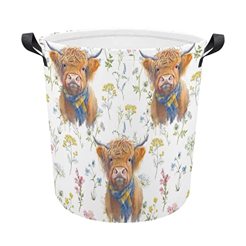 Image of Highland Cow Laundry Basket Flower Foldable Oxford Cloth Funny Tote Bag Laundry Hamper Clothes Storage Bucket Organizer For Bathroom/Laundry Storage/Bedroom Storage Basket 17.7x13.7