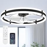 addlon 24'' Ceiling Fans with Lights and Remote, Low Profile Flush Mount Ceiling Fan with Light, 3000-6000K Dimmable LED Fandelier, Modern Small Black Ceiling Fan for Bedroom, Kitchen, Living Room