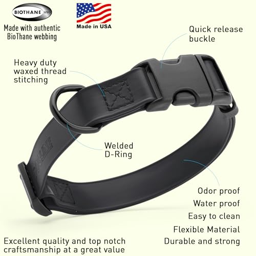 Image of Dogline Biothane Waterproof Dog Collar with Quick Release Buckle Strong Coated Nylon Webbing with Odor- Proof for Easy Care Easy to Clean Fits Small Medium or Large Dogs, Black 1 inch W 15-23 inch L
