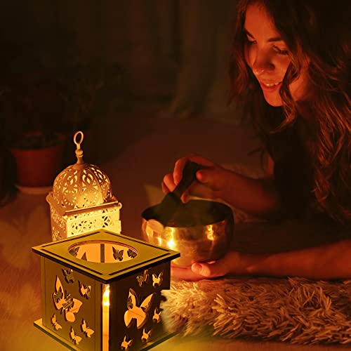 Midrean Butterfly Projector Wood Candle Lantern Decorative-2Pcs Small Lanterns For Decoration Home, Vintage Distressed Led Candle Holder For Best Friend，Rustic Mini Decor For Wedding-About 3 Inch #TOP3