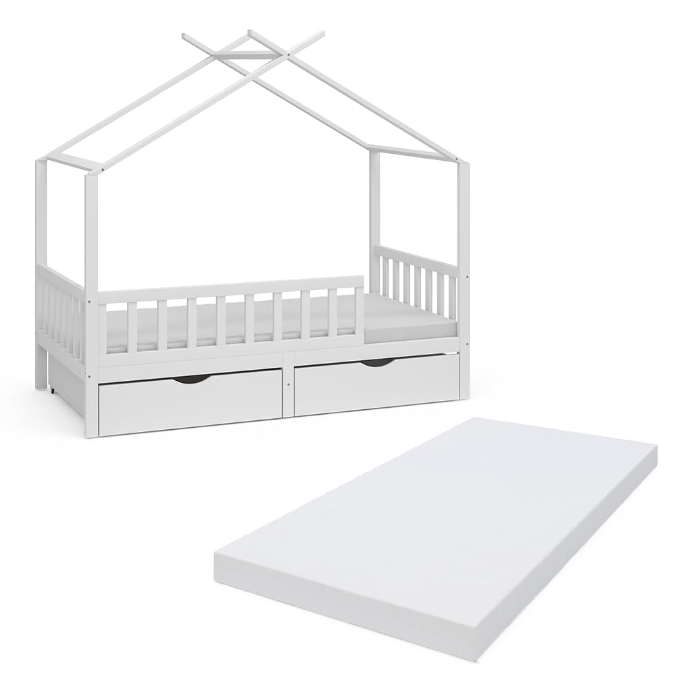 VitaliSpa Letto montessori bambini Franka, Bianco, 80x160 cm con 2 cassetti e materasso, adatto per materassi fino a 90x200 cm e combinabile
