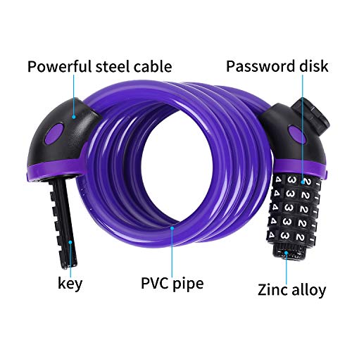 Bike Locks, Huiyufei Bicycle Lock High Security 5 Digit Resettable Combination Core Steel Wire Bike Lock Cable For Bike Outdoors,4 Feet X 1/2 Inch (Purple) #TOP2