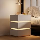homary 3-Drawer LED Smart Nightstand with Wireless Charging, USB & Type-C Ports – Modern White Bedside Table with Storage and Adjustable Light, Bedroom Night Stand with Glossy Stainless Steel Base