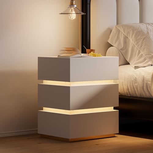 homary 3-Drawer LED Smart Nightstand with Wireless Charging, USB & Type-C Ports – Modern White Bedside Table with Storage and Adjustable Light, Bedroom Night Stand with Glossy Stainless Steel Base