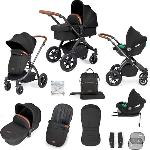 Ickle Bubba Stomp Luxe 12pc Travel System with i-Size Cirrus Car Seat & ISOFIX Base – All-Terrain Pram, Reversible Seat, Carrycot, UPF 50+ Hood, Rain Cover & Accessories (Black/Midnight/Tan)