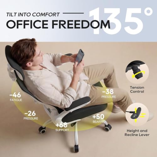 Image of Ergonomic Office Chair for Long Hours, Adjustable Padded Lumbar Support for Lower Back Relief, 330 lb Capacity, Comfortable Computer Desk Chair for Home Office, Work & Study