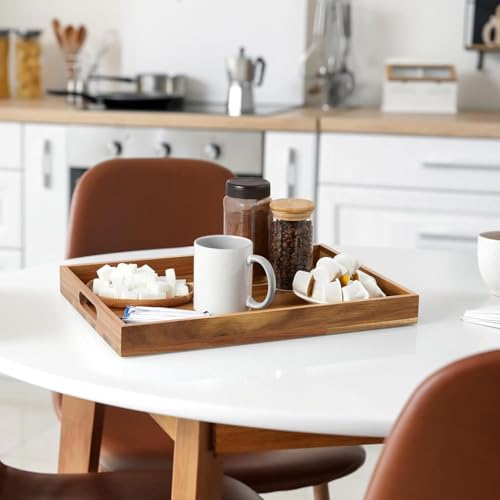 Image of Wooden Serving Tray for Home and Kitchen | Acacia Wood Large Rectangular Tray with Handles for Resturant, Cafe, Breakfast, Multipurpose Organzier | (Food Safe Oil Finish) (Aurace)