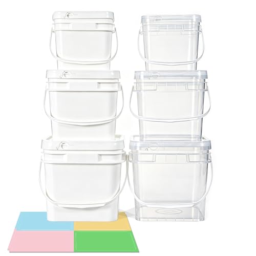 Image of ASEVAT 6 Pack Square Plastic Buckets with Lids & Handles, 1L /2L /3L White & Clear Food-Grade Storage Pails, Stackable Airtight Containers for Food, Pantry & Cleaning Supplies