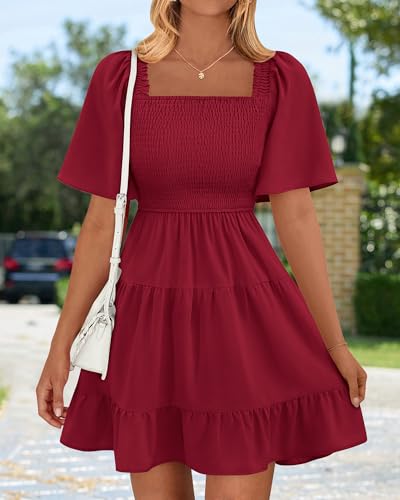 Image of BTFBM Womens Summer Smocked Mini Dress Spring Square Neck Flutter Sleeve Casual Ruffle Swing Boho Beach Dresses Pockets