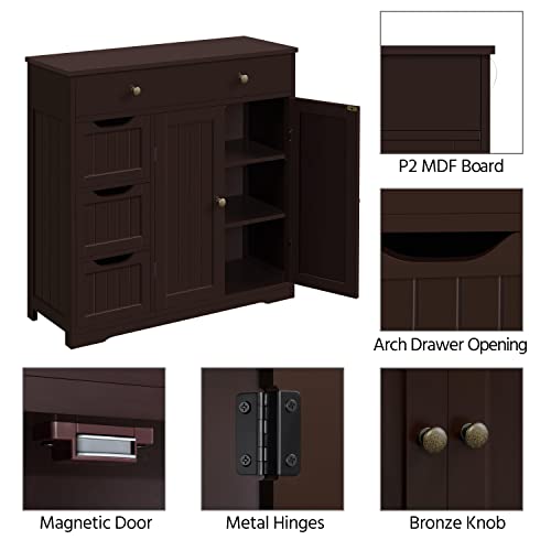 Yaheetech Bathroom Floor Cabinet, Large Storage Space Wooden Organizer With 1 Big Drawer, 3 Small Drawers & 2 Doors, Free-Standing Cupboard For Kitchen/Living Room/Bathroom Use, Espresso #TOP5