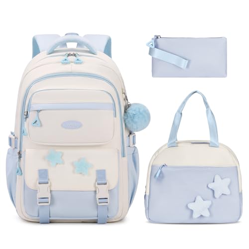 Amythe Schulranzen Mädchen Set, 3-teilig Lässig Rucksack für Mädchen 2. bis 5. Klasse mit Lunchpaket Mäppchen, Mehrere Fächer Schulrucksack Teenager, Kinder Schultasche, Blau