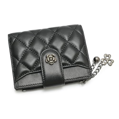 2R Quilted Lambskin Leather Card Holder with Zipper, Floral Charm, Black