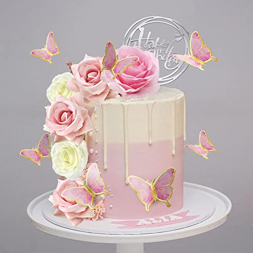 15 Pcs Flower Cake Topper Butterfly Cake Decorations Happy Birthday Cake Toppers With Artificial White And Yellow Rose Flowers Hollow Gold Butterflies For Birthday Party Wedding Baby Shower Supplies #TOP2