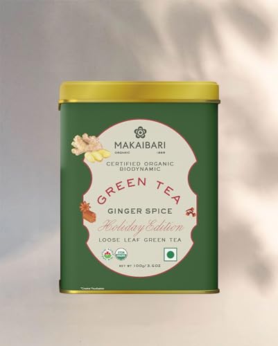 Image of Makaibari Holiday Edition : Ginger Spice Green Tea & White Peppermint Bark | Usda Certified Premium Tea | Anti-Oxidants, Immunity Booster | Tin Caddy, 125 Grams