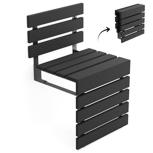 Folding Wall Mounted Teak Wood Shower Seat with Backrest, Water Resistant Foldable Bathroom Stool with Legs, Premium Materials Handmade Shoe Changing Bench, Space Saving and Super Safe Chair (Black)
