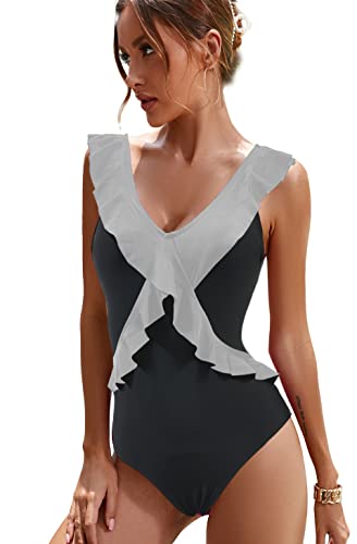 JFAN Trajes de Baño de Una Pieza para Mujer Monokini Ropa de Baño Cuello en V Floral Volantes Traje de Una Pieza Bikini Bañadore Set Negro Blanco,M