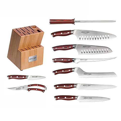 Ergo Chef CRIMSON Series Bamboo Block knife set G10 Handles German Steel Full Tang (10pc. Block Set)