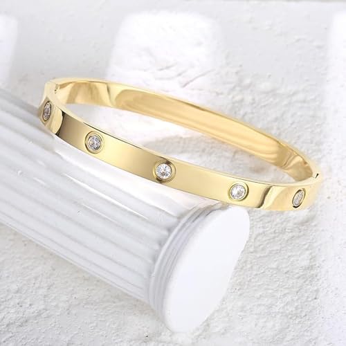Image of Okos Gold Plated Fashion Jewellery Stainless Steel Anti Tarnish Cuff Band Style Bangle Bracelet with White CZ Stones For Girls and Women CO0025