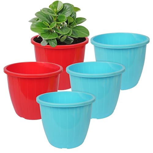Image of Kuber Industries Flower Pot | Flower Pots for Indoor & Outdoor | Plastic Pot for Gardening | Planter for Flower | Balcony Pots for Home Decor | Duro Flower Pot | 10 Inch | Pack of 5 | Multi