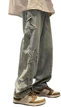 Grunge Baggy Jeans Y2K Emo Alt Cargo Pant Star Patchwork Fairycore Demin Cloting Jogger Hip Hop Gothic Tripp Streetwear, Blue, XL