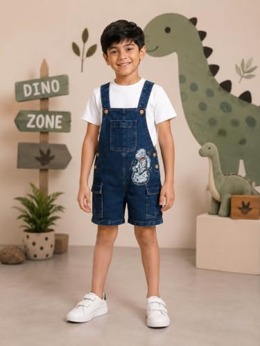 Image of KiddoPanti Unisex Denim Cargo Dungaree Shorts | 69.1% Cotton 29% Spun Poly 1.9% Spandex | Above Knee Length | Soft Breathable Summer Dungaree