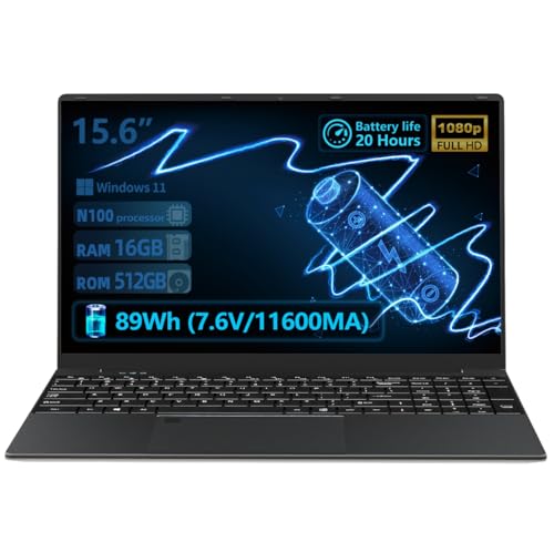 15,6" Ordinateur Portable, Windows 11 PC Portable Celeron N100, PC Portable 16Go RAM 512Go SSD, Grande Batterie de 89Wh (7,6V/11600mA), Laptop avec WiFi5+USB3.0+BT5.2+Type-C, 1080P IPS Écran