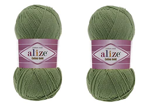 Alize Cotton Gold Yarn 55% Cotton 45% Acrylic Yarn Crochet Hand Knitting Art Lot of 2 Skeins 200gr 722yds (485-GREEN)
