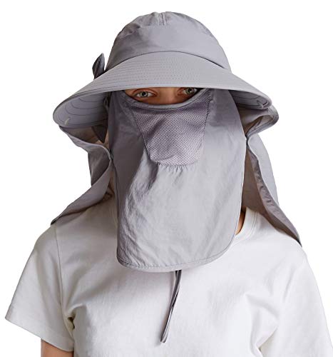 Icolor Women Sun Cap Finshing Hats Upf+50 Detachable Face Mask Neck Flap Visor Wide Brim Sun Protection Hiking Hats (Light Gray) #TOP1