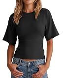 Picture of Jenisso Womens Short Sleeve Knit Tops 2026 Summer Crew Neck Cinched Waist Fitted Ribbed Sweater (Black S)