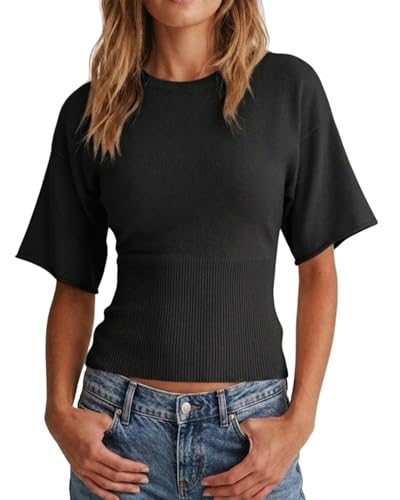 Jenisso Womens Short Sleeve Knit Tops 2026 Summer Crew Neck Cinched Waist Fitted Ribbed Sweater (Black M)