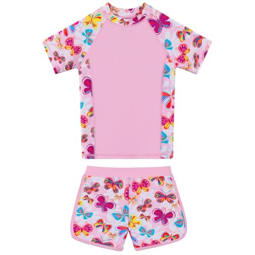 BAOHULU Girls Rash Guard Swimsuit Two Piece Bathing Suit UPF 50+ Short Sleeve Summer Beach Swimwear Size 3-14 Years