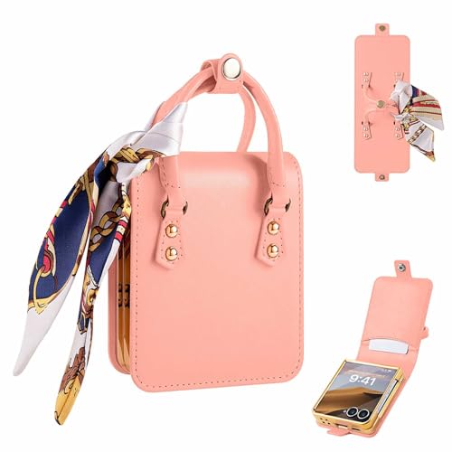 XIMAND for Samsung Galaxy Z Flip 7 Case, Cute Mini Handbag Wallet Phone Case with Card Holder, Silk Scarf & Handle Strap, Luxury PU Leather Protective Cover - Pink