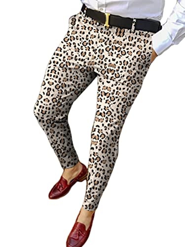 ORANDESIGNE Pantalon Chino Homme Coupe Ajustée Pantalon Chino Coupe Régulière Rayé Impression Pantalons Décontractés Coupe Ajustée Pantalons Longs d'affaires A Léopard XL