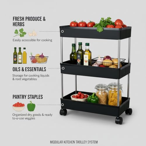 Image of Umite Chef 3 Tier Kitchen Trolley Organizer with Wheels | Multipurpose Storage Rack | Vegetable & Fruit Basket Stand | Rolling Utility Cart for Kitchen, Bathroom, Office - Black