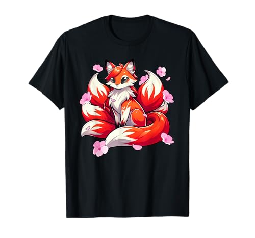 Kawaii japonais Kitsune Nine Queue Renard Cerisier Fleurs T-Shirt