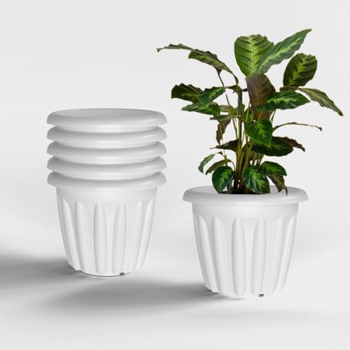 Image of YUCCABE ITALIA SHERA Floot 12 Inch Plastic Flower Pot 6 Piece Set of Round Shape Planter for Home Garden Seedling Planter for pots (White)