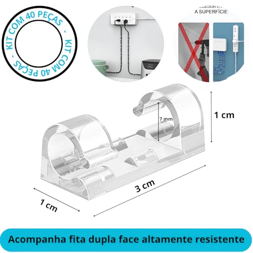 Kit 40 Organizadores De Fios Cabos Cordões Arame TRANSPARENTE Com Adesivo - Clips Organizador Fios C