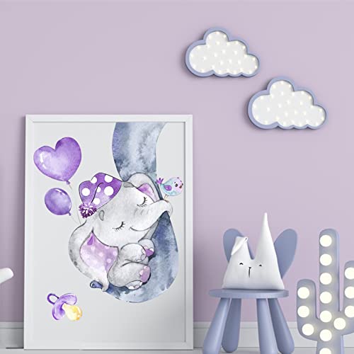 Yovkky Watercolor Purple Girls Elephant Nose Wall Decal Sticker, Moon Cloud Balloon Bird Grey Star Nursery Decor, Home Baby Shower Bedroom Decoration Toddler Kids Room Art Party Supply Gift #TOP2