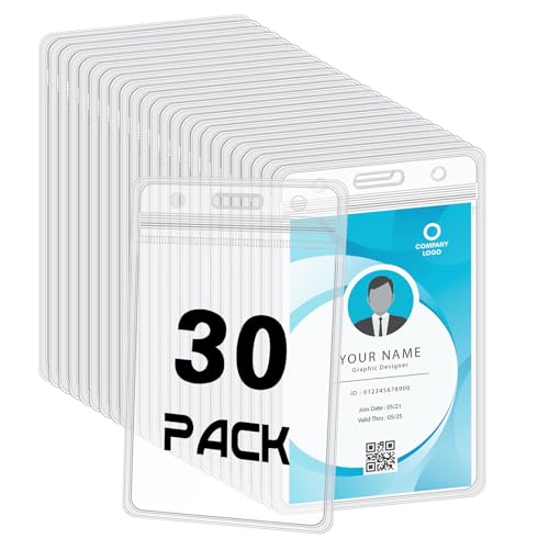 BESARME 30 Pack Vertical ID Badge Holders Clear Plastic Waterproof Card Holder Resealable for Office Worker Teacher