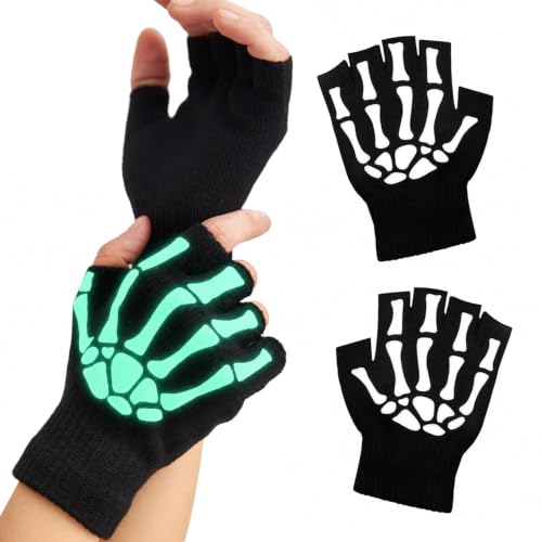 Kecartu Halloween Skeleton Fingerless Gloves for Men Women Skull Bone Gloves Glow in The Dark Winter Warm Gloves Half Finger Gloves Cosplay Party Fancy Dress Accessories
