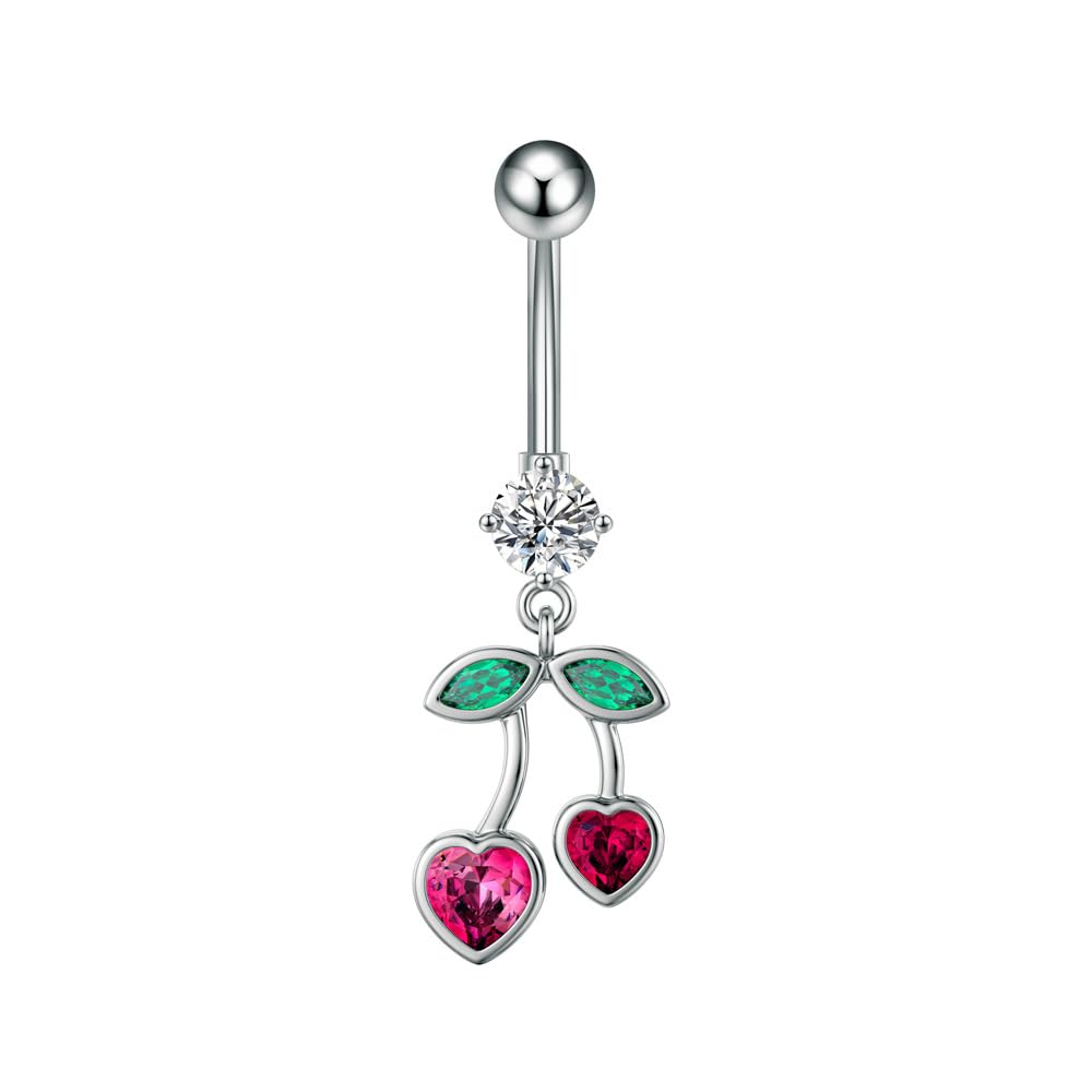 Niaspi Cute CZ Cherry Dangle Belly Button Rings for Women 14G Stainless Steel Fruit Belly Navel Rings Internally Threaded Belly Barbell Dangling Belly