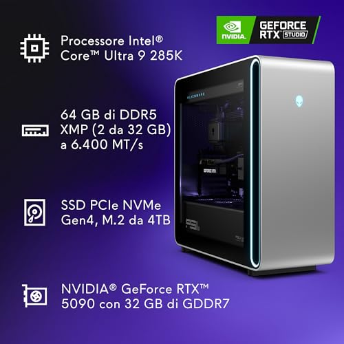 Area-51 Gaming Desktop - Intel Core Ultra 9 Series 2, Nvidia GeForce RTX 5090, 64GB RAM, SSD 4TB, Wi-Fi 7, Bluetooth, Raffreddamento a Liquido, Windows 11 Home, AlienFX, Lunar Silver - PC Desktop - Immagine 9
