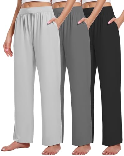 3 Pack Women's Lounge Pants Cozy Wide Leg Lounge Pants with Pockets Loose Flowy Yoga Sweatpants Workout Comfy Jogger