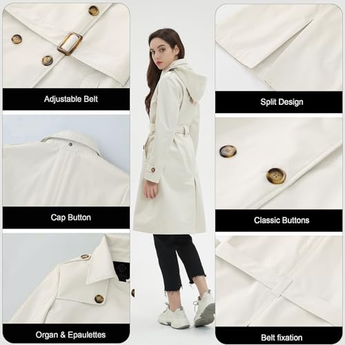 Image of Womens Trench Coat Double-Breasted Long windbreak Belted Slim Outerwear Coat with Detachable Hood S-2XL