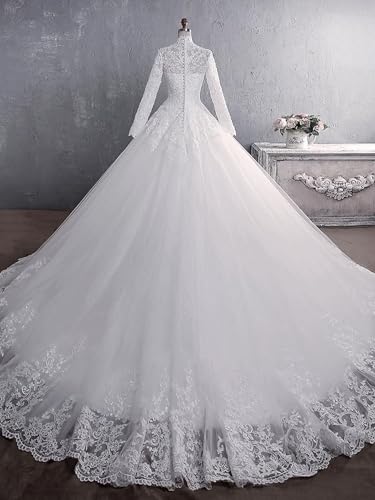 Womens Lace Wedding Dresses for Bride A Line Long Sleeve Beaded Tulle Bridal Gown with Appliques3