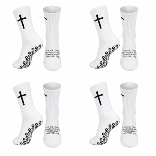 BeSlivewell 4 Pairs Cross Grip Soccer Socks Anti-Slip Christian Sports Sock Religious Faith Sock with Rubber Dots (white)